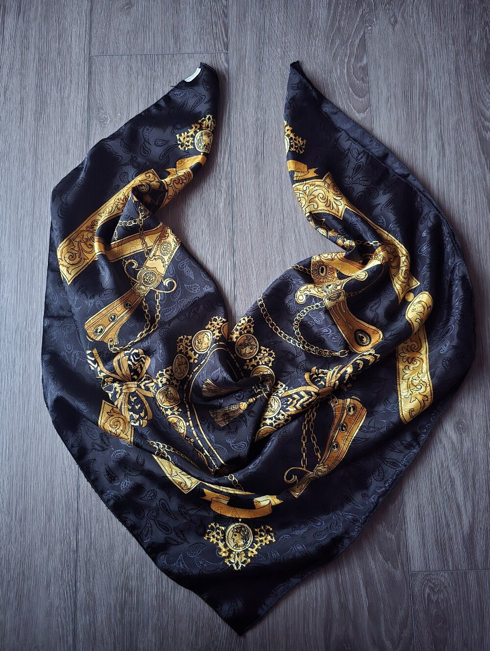 Vintage Navy Blue Gold Baroque Scarf 35" Square Chain Sword Medallion Jacquard